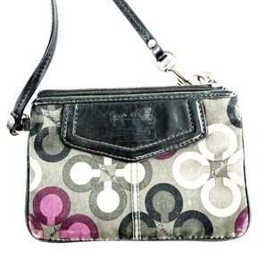 Coach Gray Purple Black Signature Sateen Scarf Print Wristlet Leather Trim Mini